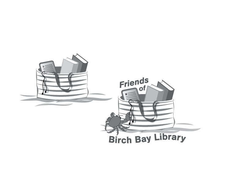 A black and white version of the Friends of Birch Bay Logos. It features a striped beach bag on the sand with 2 books and an e-reader. Ear buds dangle over the edge of the bag.