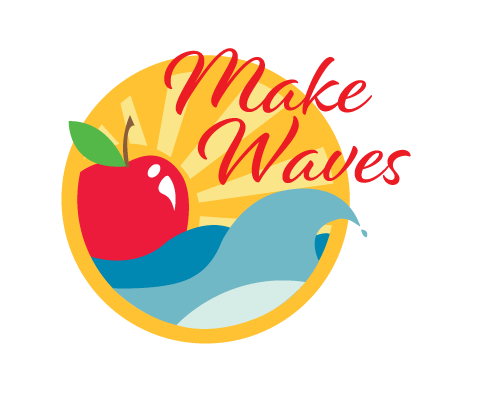 Logo design for the 2018 WA State Food Coalition Conference. It features a large red apple bobbing on waves with sun rays extending from behind the apple.