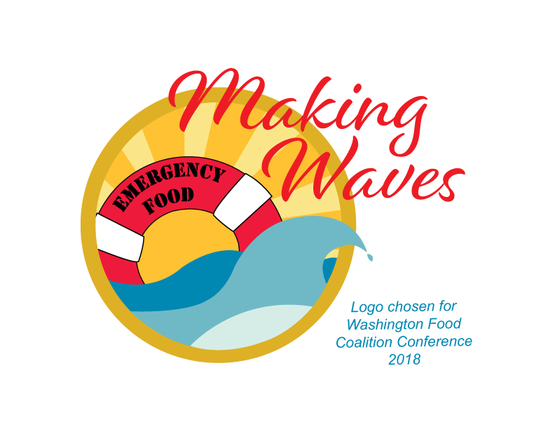 Logo featured in the 2018 Washington Food Coalition Conference. The theme is Making Waves. The image is of waves with a life preserver floating on the surface which says Emergency Food with a setting sun in the background.