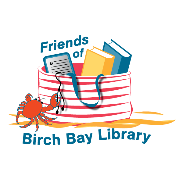 Logo for Friends of Birch Bay Library. It features a red and white striped beach bag with 2 books and an e-reader. Ear buds dangle over the edge of the bag and a crab is reaching up to grab it with one claw.