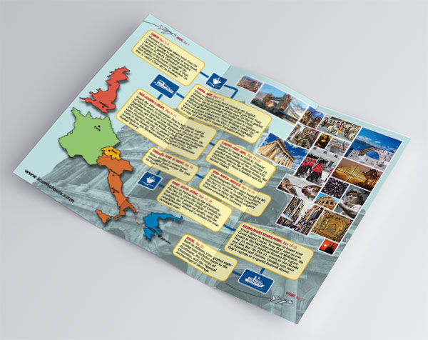 Interior spread of a tri-fold brochure advertising a European tour. It features a large photo of the roman colloseum in the background, a map of the UK, France, Switzerland, Italy, and Greece, a variety of photos from those locations, and the entire 22-day travel itinerary.