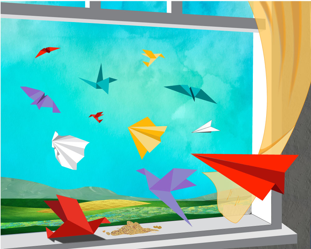 Illustration of a paper airplane being thrown out a window with other paper airplanes unfolding and refolding as origami birds. The birds come back to the window sill to eat bird food. This is the artwork after which Fly Paper Graphics was named.