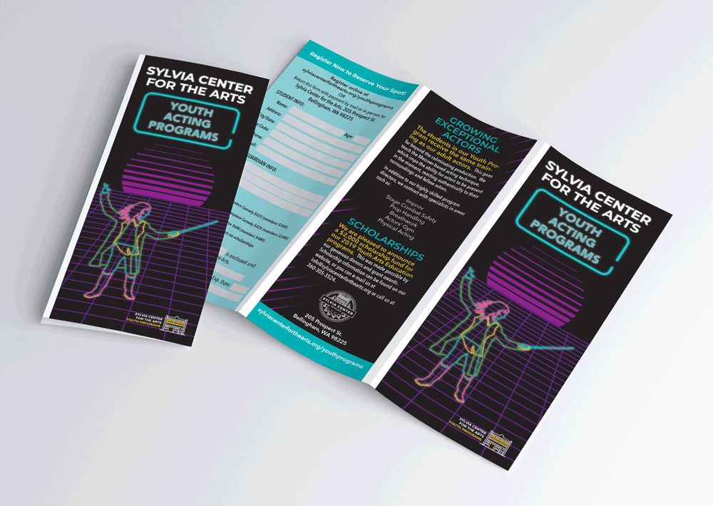 Brochure for the Youth Acting Programs at the Sylvia Center for the Arts. Design is 80's retro with neon on a black background.