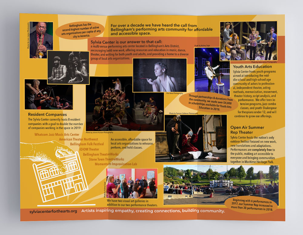 Interior view of a tri-fold brochure highlighting Sylvia Center for the Arts