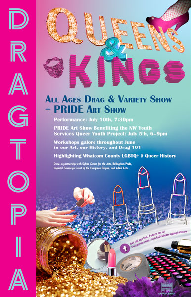 Poster advertising Dragtopia, an all-ages drag and variety show. The poster is pink, blue and purple, with glitter and cosmetic items.